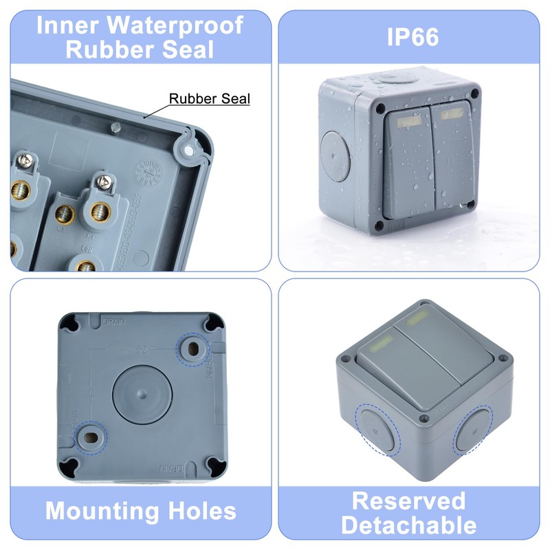 Outdoor Waterproof Switch,Greencycle IP66 Waterproof 2Gang 10A Light Switch, SPDT