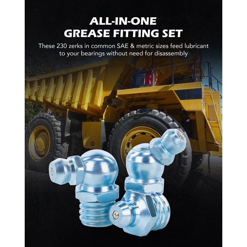 ZELCAN 230pc SAE & Metric Grease Fittings Kit, Hydraulic Grease