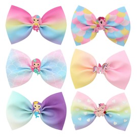 6Pcs Mermaid Unicorn Cartoon Bows For Young Girls, Cute Polyester Ribbon Bows For Kids, Fantasy Theme Hair Bows For Fashionable Girls, Kids Hair Accessories Acrylic Cartoon Bows For Dance Recitals