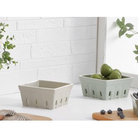 ONEMORE Ceramic Berry Basket, Square Fruit Bowls, Rustic Stoneware Berry Colander Set of 2, 5.7 inch, Gray & Light Green