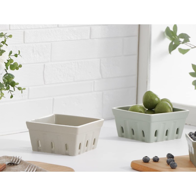 ONEMORE Ceramic Berry Basket, Square Fruit Bowls, Rustic Stoneware Berry