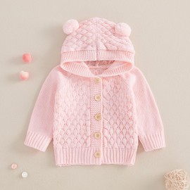 Baby Girl Boy Button Down Hooded Cardigan Winter Warm Sweater Long Sleeve Jumpers Coats Knitted Hoodies Clothes (Pink, 18-24 Months)