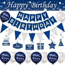 Happy Birthday Decorations for Men-Blue Silver Birthday Banners Balloons Bunting for Him,Birthday Party Decor for Boys,Birthday Banner Bunting Swirls Triangle Flags Confetti Latex Balloons