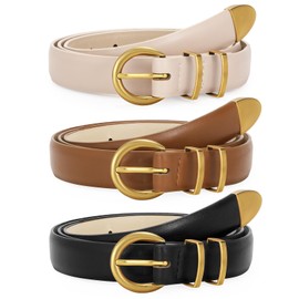 WERFORU 3 Pack Women's Leather Belts for Jeans Dresses Vintage Gold Buckle Ladies Waist Belts Black/Brown/Beige