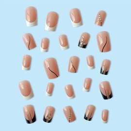 24 Pcs Acrylic Press on Nails, ASONRL Short Medium Square French Pink Fake Nails with Black Accents Rhinestones, Glue on Nails Reusable False Nails for Women, French- Nude White Black