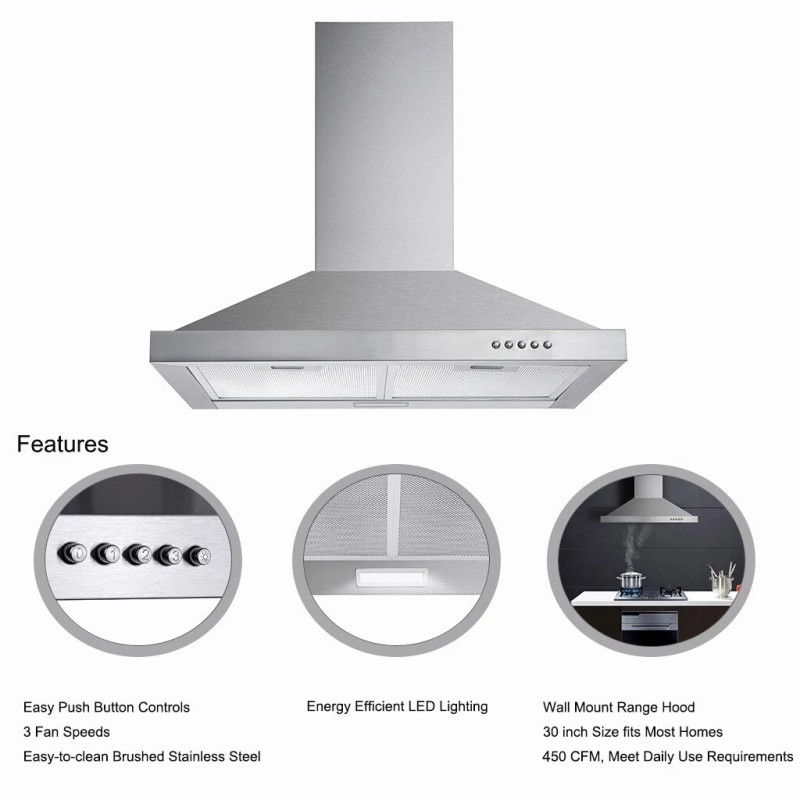 Tieasy 30in Kitchen Wall Mounted Range Hood Stainless Steel 450CFM