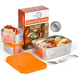 Anas 3-PK of Metal Food Storage Containers with Lids - Stainless Steel, Compact Stackable, Leak Proof, Dishwasher Safe and Microwavable for Lunch, Work, School Travel, Bento Box