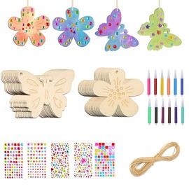 48 Pieces Children's Craft Set for Children 3 Years, Activity Craft Set Children's Birthday, Creative DIY Set with Wooden Figures, Watercolour Pencils and String