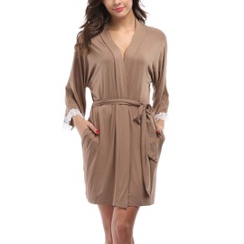 Old-Times Women's Short Modal Cotton Robes Sexy Soft Knit Nightgowns with Lace Trim Lightweight Bathrobe,Khaki L