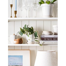 LE TAUCI Ceramic Plant Pots, 4.9 Inch Flower Pots with Drainage & Saucer, Embossed Planter Pots for Indoor Plant Succulent, Orchid, Cactus, Home Decor - Set of 4, Arctic White