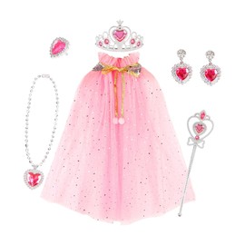 Fuwraixis Girls Dress Up Set, Princess Coat, Wand Female Crown, Queen Necklace, Earrings, Ring, Children's Role Play 7 Piece Set, Jewellery Set, Gifts for Girls