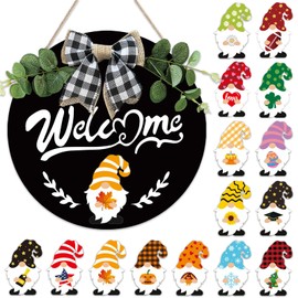 minstely Interchangeable Welcome Sign for Front Door - 12 Inches Seasonal Gnome Decor - Wooden Fall Wreath - Fall Decorations for Home Classroom - House Warming Gifts New Home