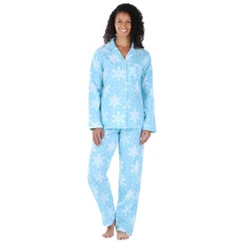 PajamaMania Women's Cotton Flannel Long Sleeve Button-Down Pajamas PJ Set, Icy Snowflakes, Medium
