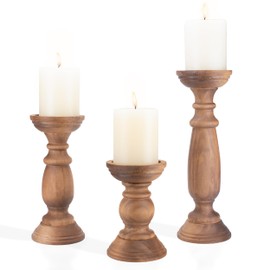 Rustic Wooden Pillar Candle Holders Set of 3, 12'' 9'' 6'' Farmhouse Wood Candle Stand for Table Centerpieces, Vintage Tall Candleholders Fireplace Mantel Decor for Living Room, Brown