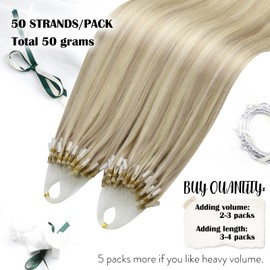 Moresoo Micro Ring Hair Extensions Real Human Hair Ash Blonde with Platinum Blonde Microloop Human Hair Extensions Micro Beads Hair Extensions 1G/Strand 50g/Pack #P18/613 16 Inch