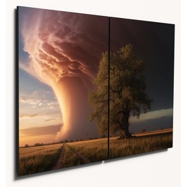The Plum Penguin Great Plains Tornado Sunset Dual A4 Wood MDF Wall Art, Nature Storm Home Decor Canvas Alternative 40 x 30cm