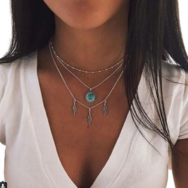 Prosy Layered Boho Turquoise Pendant Necklaces Silver Feather Choker Necklace Chain Adjustable Jewelry for Women and Girls