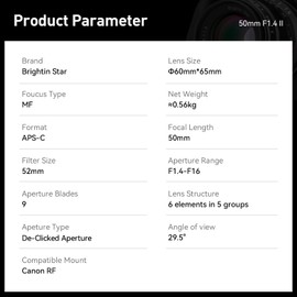 Brightin Star 50mm F1.4 APS-C Large Aperture Manual Focus Mirrorless Camera Lens, Fit for Canon RF-Mount EOS-RP, EOS-R, EOS-R5, EOS R7, EOS-R6, EOS-R3, EOS-R10