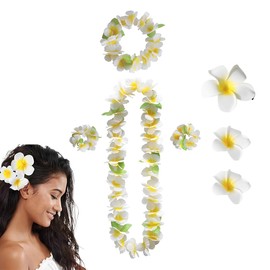 AUEFUDQ Set of 7 Flower Chains Decorative Leis Flower Chains Hawaii Chains Flowers with Necklace Headband Bracelet Hair Clips Luau Flower Garland for Hawaii Beach Parties Wedding White