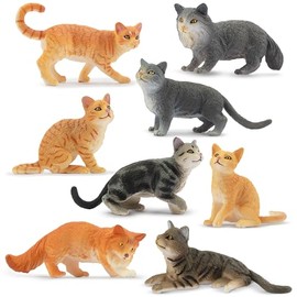 Toymany Juego de 8 Figuras de Gato Gris y Naranja, Figuras Realistas de Gatos Juguetes para Gatitos, Adornos para Pastel de Gato para Halloween, Navid