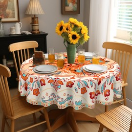 Eikione Bohemia Round Tablecloth 60inch,Table Cloth Waterproof and Wrinkle-Free, Boho Table Covers, Summer Decorations for Home