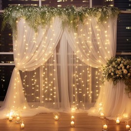 20ft x 10ft White Sheer Tulle Backdrop Curtain with Lights String- Wedding Backdrop Decorations for Reception Ceremony Home Party Photoshoot Background Fabric Curtains Backdrop