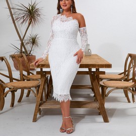 Cololura Elegant Sexy Floral Lace Patchwork Pearl One Shoulder Formal Evening Gown Party Cocktail Bodycon Midi Dress