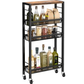 Slim Rolling Cart, 4-Tier Narrow Kitchen Storage Cart, Slim Utility Cart on Wheel, Skinny Bathroom Storage cart with Wood Tabletop, 6.0" Deep, for Kitchen, Dining Room, Living Room, Laundry Room