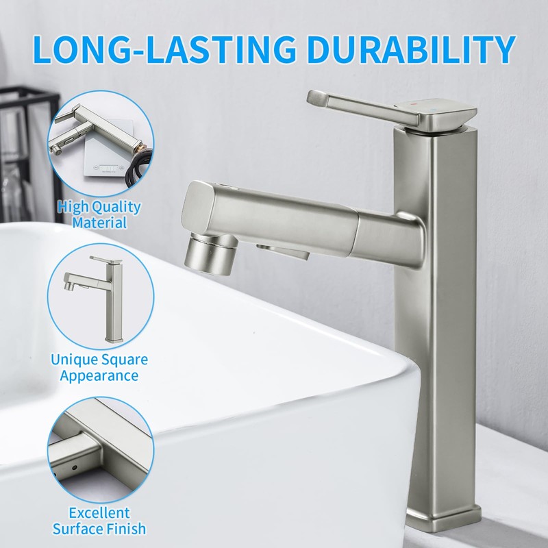 HANLIAN Single Hole Bathroom Pull Out Faucet with Rotating Spout,