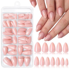 LunarCharm 240 Pieces Almond Shape Glue On False Nails Short False Nails Acrylic Full Cover for Women and Girls, 12 Sizes, Nude Pink