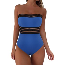 Hilor Traje de baño de una pieza sin tirantes para mujer, con control de abdomen, traje de baño adelgazante, monokini, Azul French, 4-6