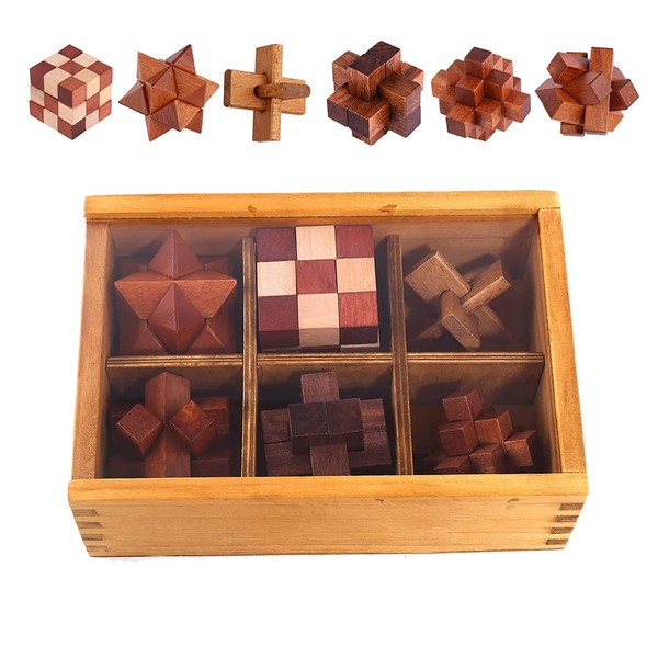 Holzsammlung Set of 6 3D Wooden Brain Teaser Puzzles, IQ Challenge Puzzle Games, Small Logic Mind Puzzle Box Toy Removing Assembling Lock Puzzle Gift Set for Adults Teenagers Kids, 1.8inch 4.5cm