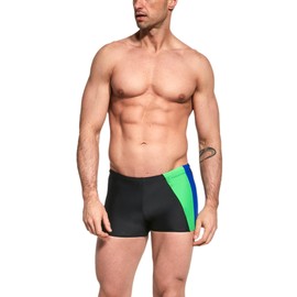Aquarti Men's Short Swimming Trunks with Side Stripes, Black / Cornflower Blue / Green