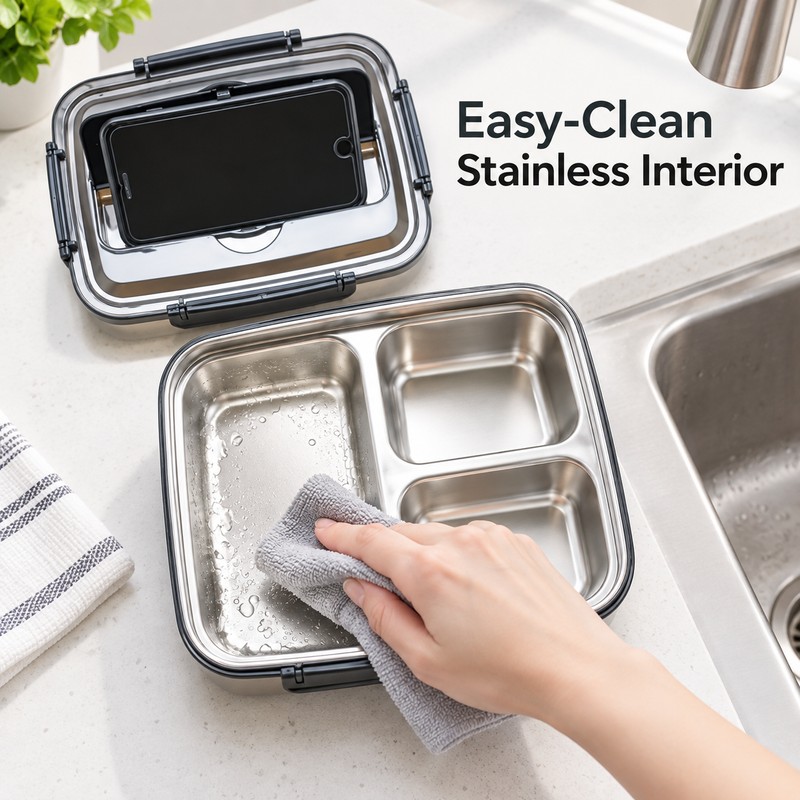 3-Compartment Stainless Steel Bento Lunch Box – Leak-Resistant Reusable Meal