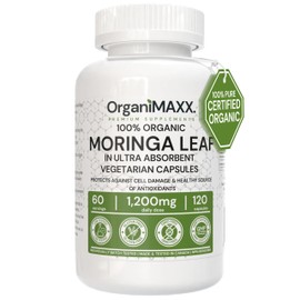 1200mg Organic Moringa Capsules 120 Count High Potency OrganiMAXX Moringa Leaf Capsules. Supports Gut Health, Liver Detox, Hormone Balance & Antioxidant Health. Non-GMO Premium Organic Encapsulated Moringa Powder, Vegan friendly, Free of Gluten, Soy & Da