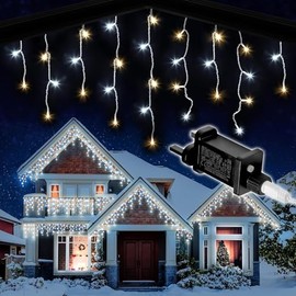 SHATCHI 240LEDs Waterfall Icicle Christmas Lights 5m - Multifunction 8 Light Modes, Timer Clear Cable Indoor/Outdoor Low Voltage Connectable Waterproof Christmas Decoration, Warm and Cool White