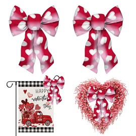ALIBBON 2 Pcs Valentine's Day Bows for Wreaths, Valentines Wreath Bows, Valentines Heart Bows, Gradient Red Bows for Front Door, Valentines Decor, Holiday Craft Bows for Indoor Outdoor Decor