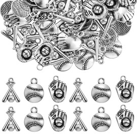 Junkin 120 Pieces Alloy Baseball Charms Silver Softball Charms Baseball Glove Bat Charms Antique Softball Beads Sports Theme Pendants for Bracelet Necklace Earring DIY Jewelry Making, 3 Styles
