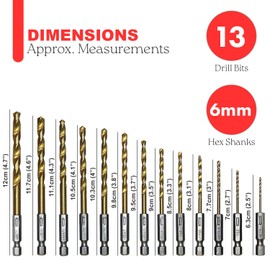 13 Titanium Coated Drill Bit Set - 1/4" Hex Shafts, 1.5mm-6.5mm Metal Drill Bits, Comes with Handy Storage Holder
