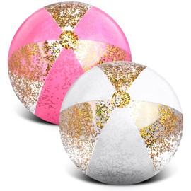 Syhood 2 Pcs Glitter Beach Ball 16 Inch Inflatable Beach Balls Gold Confetti Pool Balls for Swimming Pool for Adults Summer Birthday Party Favors (Pink and White)
