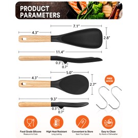 Cooking Spoon and Rice Scooper for Nonstick Cookwares, Great for Cooking and Serving Sturdy BPA-Free Matte Silicone, Wood Handle Spoon for Mixing, Scoop, and Scrape (Black)