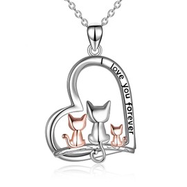 POPLYKE Cat Necklace for Women 925 Sterling Silver Family Cat Heart Necklace for Mother Grandma (silver-3 cats)