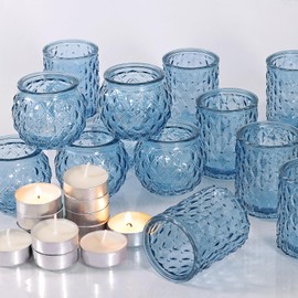 DARJEN 12Pcs Blue Votive Candle Holders with 12Pcs Tea Lights Candles- Glass Candle Holder for Vintage Decoration, Tea Lights Candle Holders for Wedding, Party Table Centerpieces & Gift