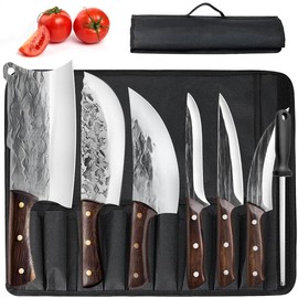 MDHAND 8 Pcs Kitchen Knife Set Butcher Knife with Roll Bag, Butcher Knife Set for Meat Cutting, Professional Meat Knife Set, Kitchen Knives Professional, Best Gift - Color: 7PCS Knife Set
