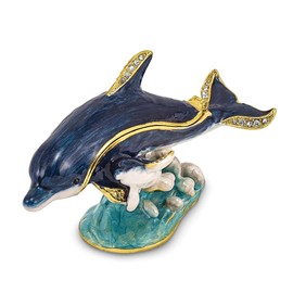 Jere Luxury Giftware Bejeweled Dolly & Dylan Blue Dolphin & Baby, Pewter With Enamel Collectible Trinket Box with Matching Pendant Necklace