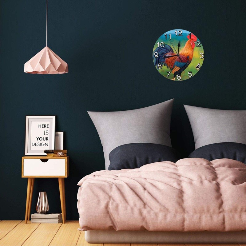 Abucaky Rustic Rooster Chicken Wall Clock Battery Operated Silent Round