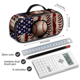 ROVOZAR Baseball Pencil Case, American Flag Baseball Pencil Box for Kids Pen Bag, Large Capacity Sport Pen Pouch with Zipper Compartments for School Office
