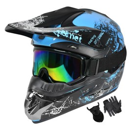 SanQing Dirt Bike Helmets Youth Motocross, Motorcycle, BMX, ATV, Off-Road, Four Wheeler, Adult Moutain Bike Helmets Dot Approved (Goggles Gloves Faceshield) (Blue, Large)