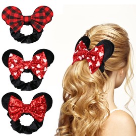 UHOMENY 3 PCS Mouse Ears Hair Bows, Cute Sequin Bows Hair Ties Velvet Scrunchies Elastic Rubber Hair Band Cute Mouse Ear Sparkle Bow Girl Ponytail Hair Holder Accessories Party Decoration (Style 2)