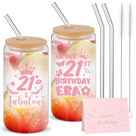 Yetene 2 Set 21th Birthday Gifts for Women Girls, 21th Year Old Gifts Ideas for Her 16 oz Glass Cup with Lids Straws and Card for Her, Girlfriend, Friends, Wife, Mom, Coworkers